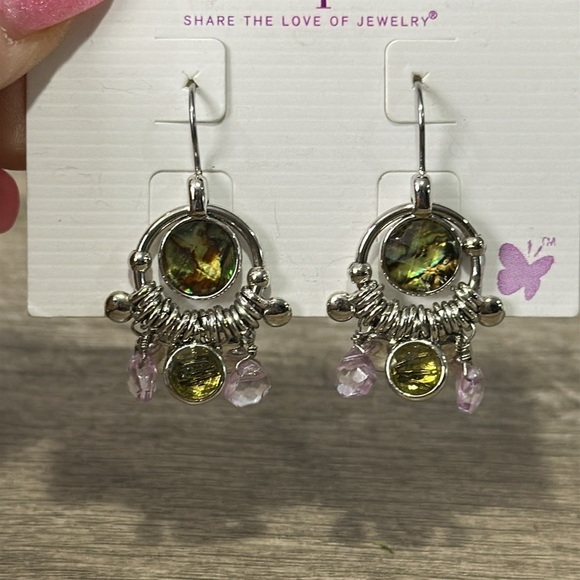 Lia Sophia Abalone Center Discs Silver Tone Earrings NEW - Picture 2 of 3